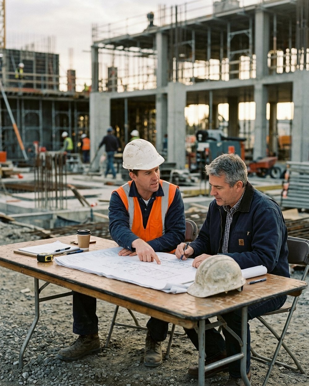 Accord estimator reviewing construction drawings on a project site