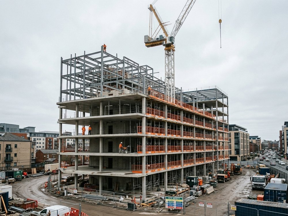 Commercial building under construction with tower crane