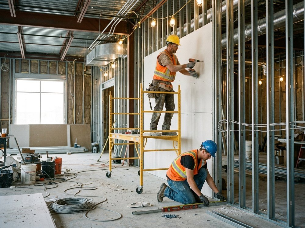 Trade crew working on site interior