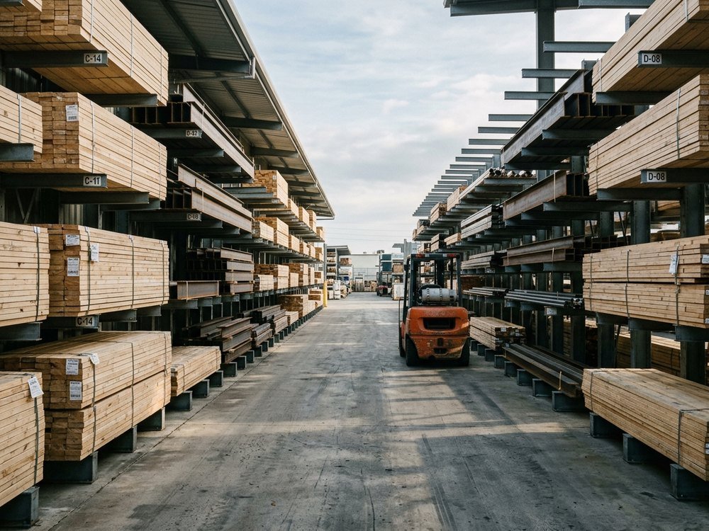 Material yard with stacked building supplies