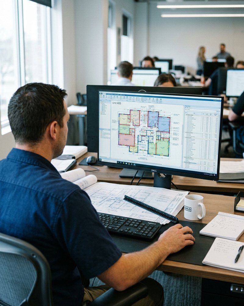 Estimator working through a digital takeoff at a desk