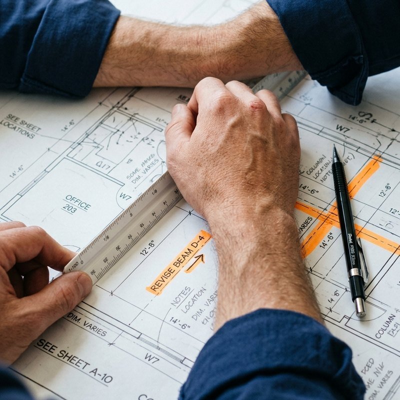 Close-up of marked-up construction drawings and a scale ruler