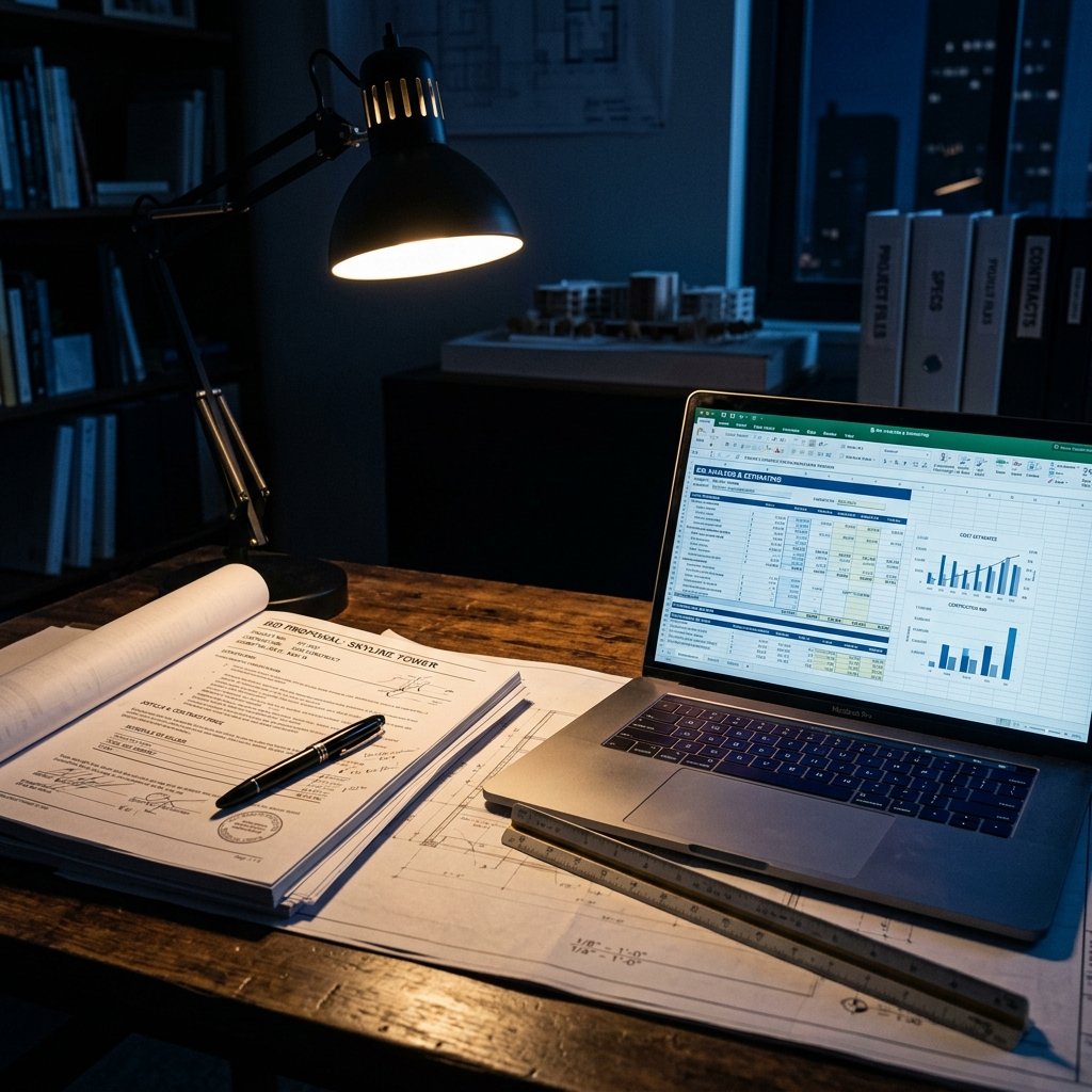 Construction bid documents on a desk