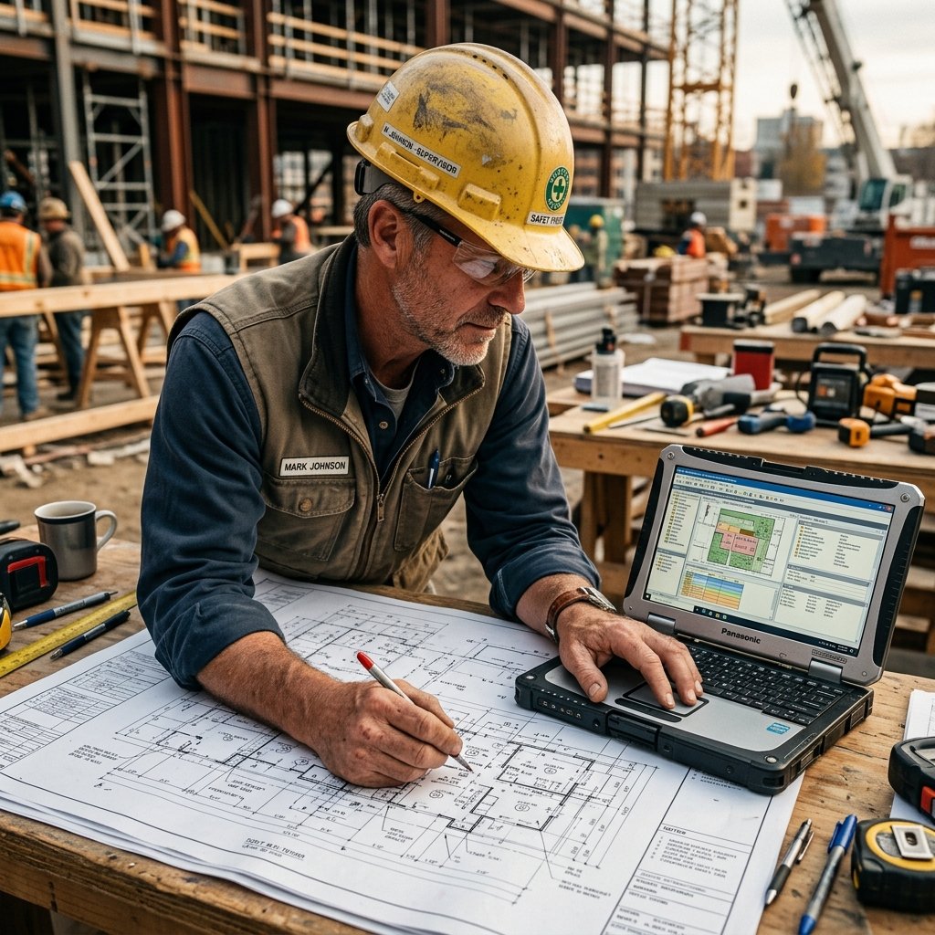 General contractor reviewing blueprints