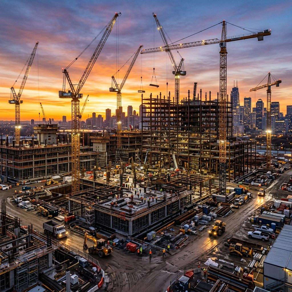 Massive commercial construction site at sunrise