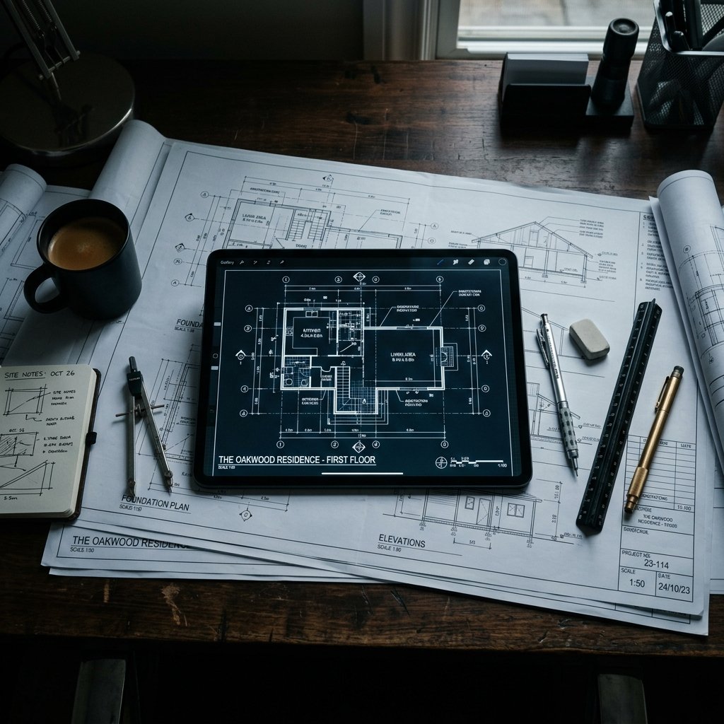 Digital blueprints on a tablet