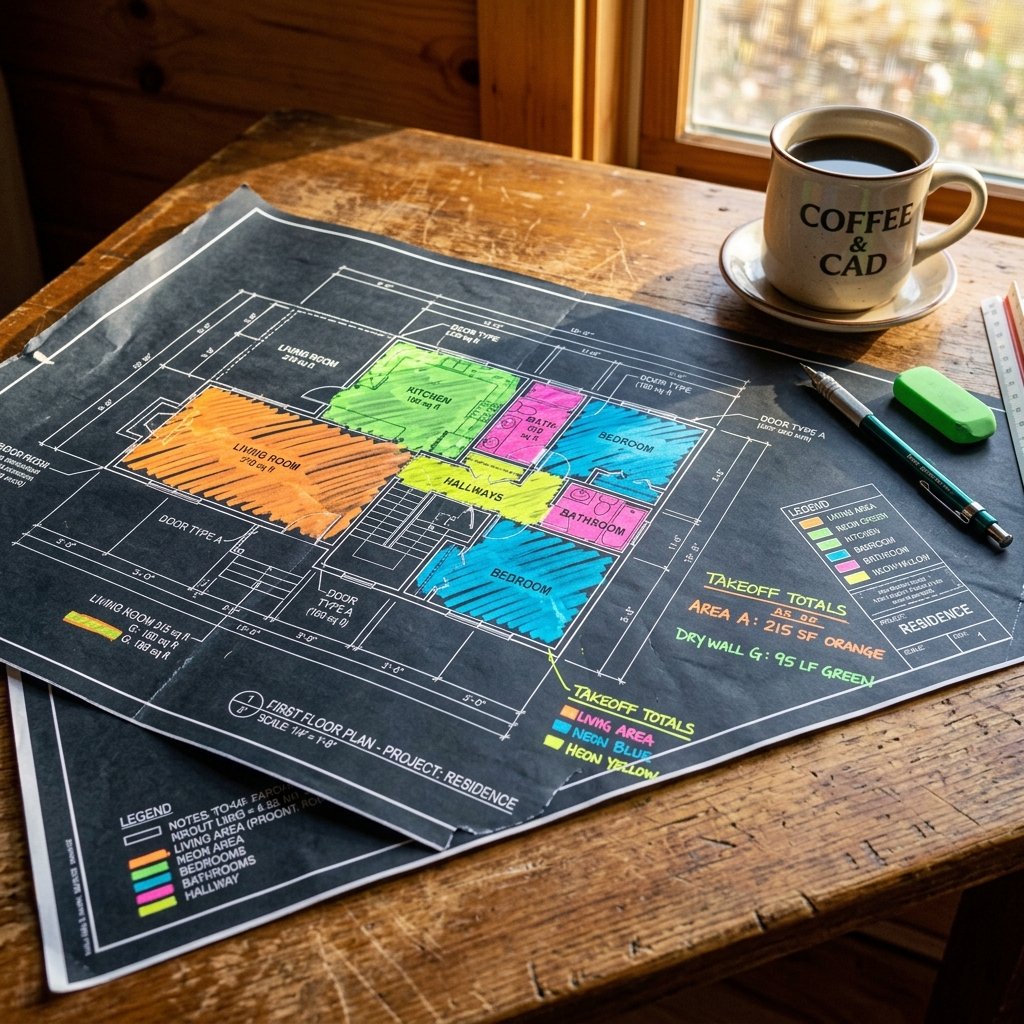 Color coded architectural blueprint takeoff