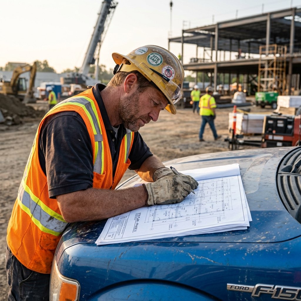 Subcontractor reviewing construction blueprints