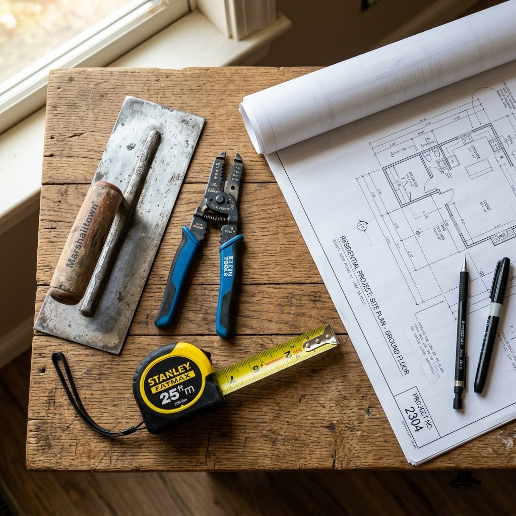 Construction tools on blueprints