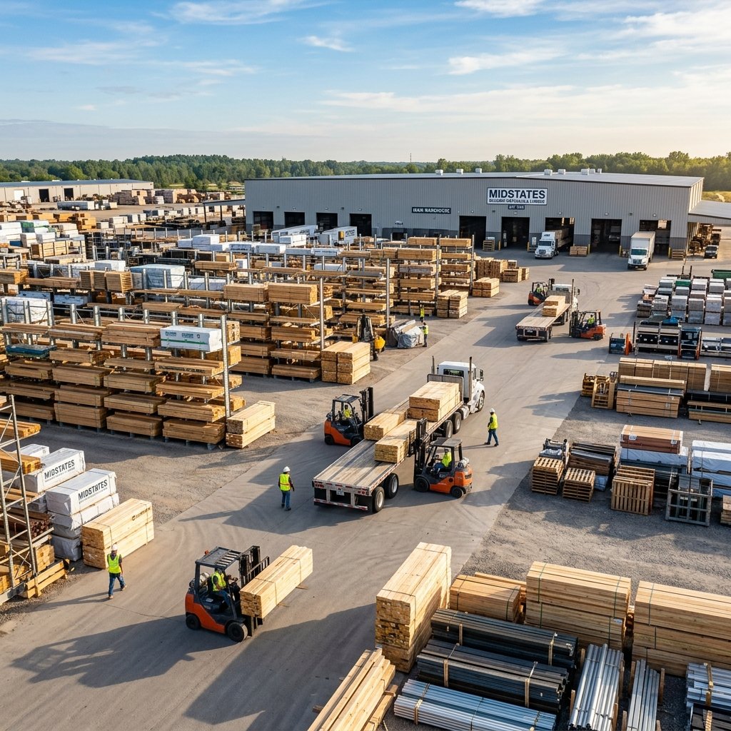 Massive building materials supply warehouse and lumber yard