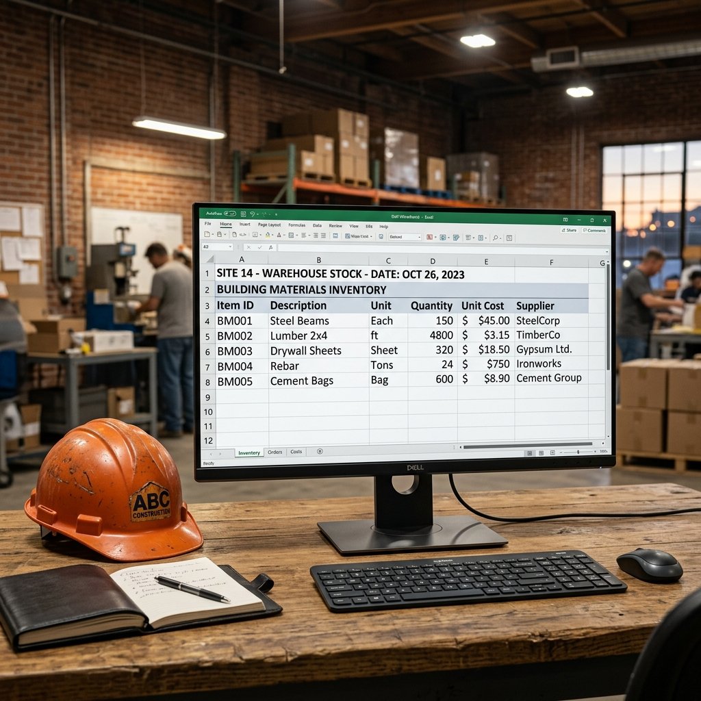 Computer monitor showing material inventory spreadsheet
